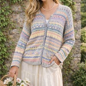VINTAGE SIGRID OLSEN Pastel Stripe Fair Isle Hand Knit Cardigan, XL